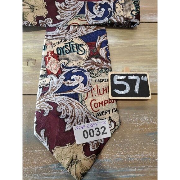 Tabasco Silk Wine OYSTERS Avery Island Paisley Fun Tie 57" Statement Staple 324 - Picture 8 of 8